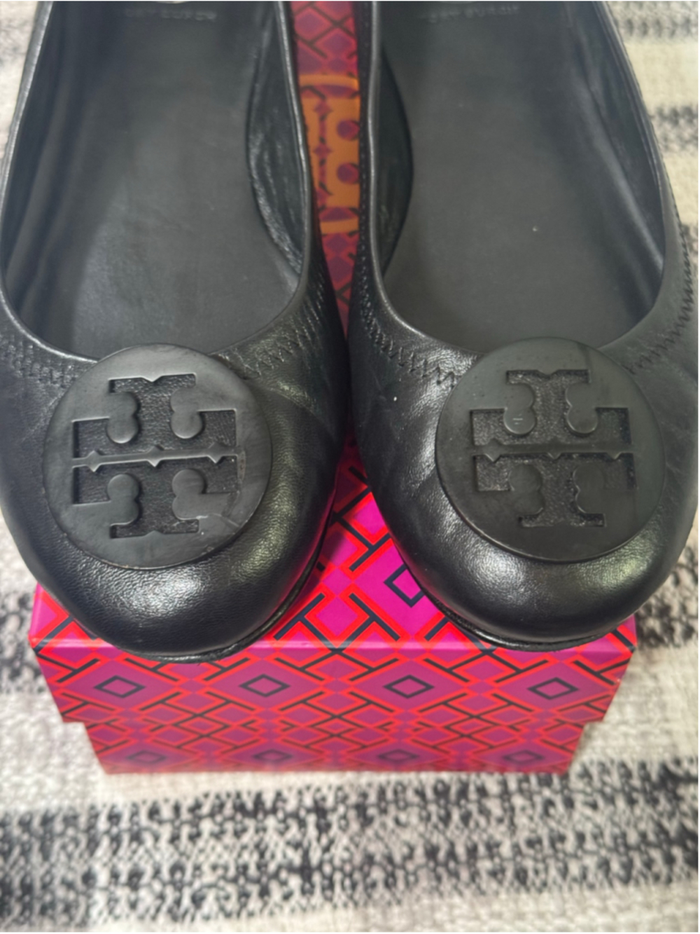 Tory Burch Minnie Travel Ballet Flats Black Nappa Leather Logo Size 8 Box - Picture 7 of 8